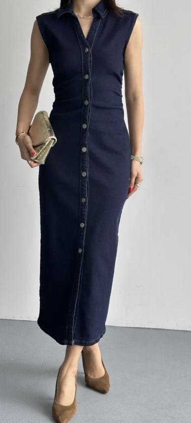 Düğme Detaylı Likralı Denim Kot Elbise