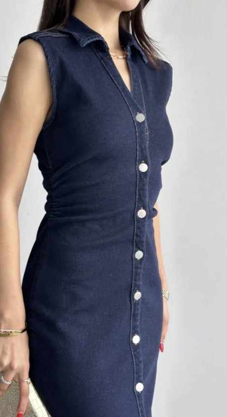 Düğme Detaylı Likralı Denim Kot Elbise – 2. görsel